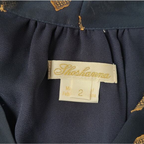 Shoshanna Dane Dress Womens Size 2 Long Puff Sleeve Semi-Sheer Black Navy Gold - Picture 7 of 15